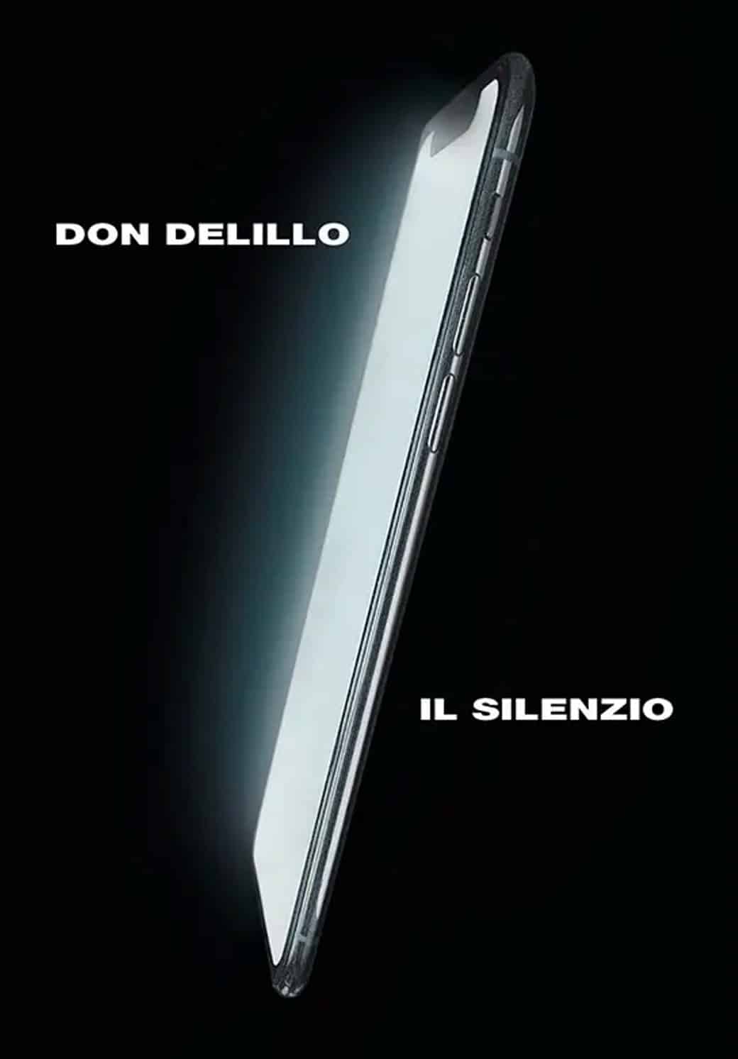 Cover del libro "Il Silenzio" di Don Delillo. Un cellulare con uno schermo bianco illuminato su uno sfondo nero
